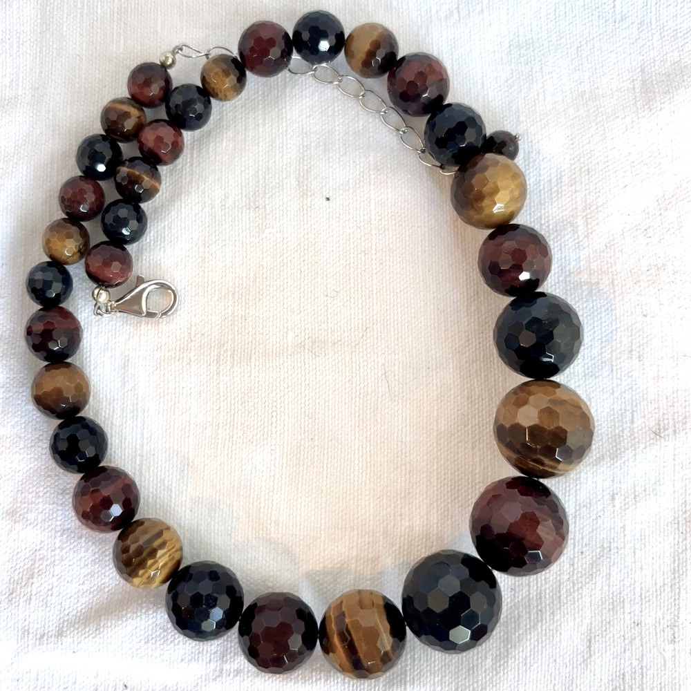 JTV Graduated Multi Tigers Eye Faceted Bead Necklace Sterling Silver 18-20"